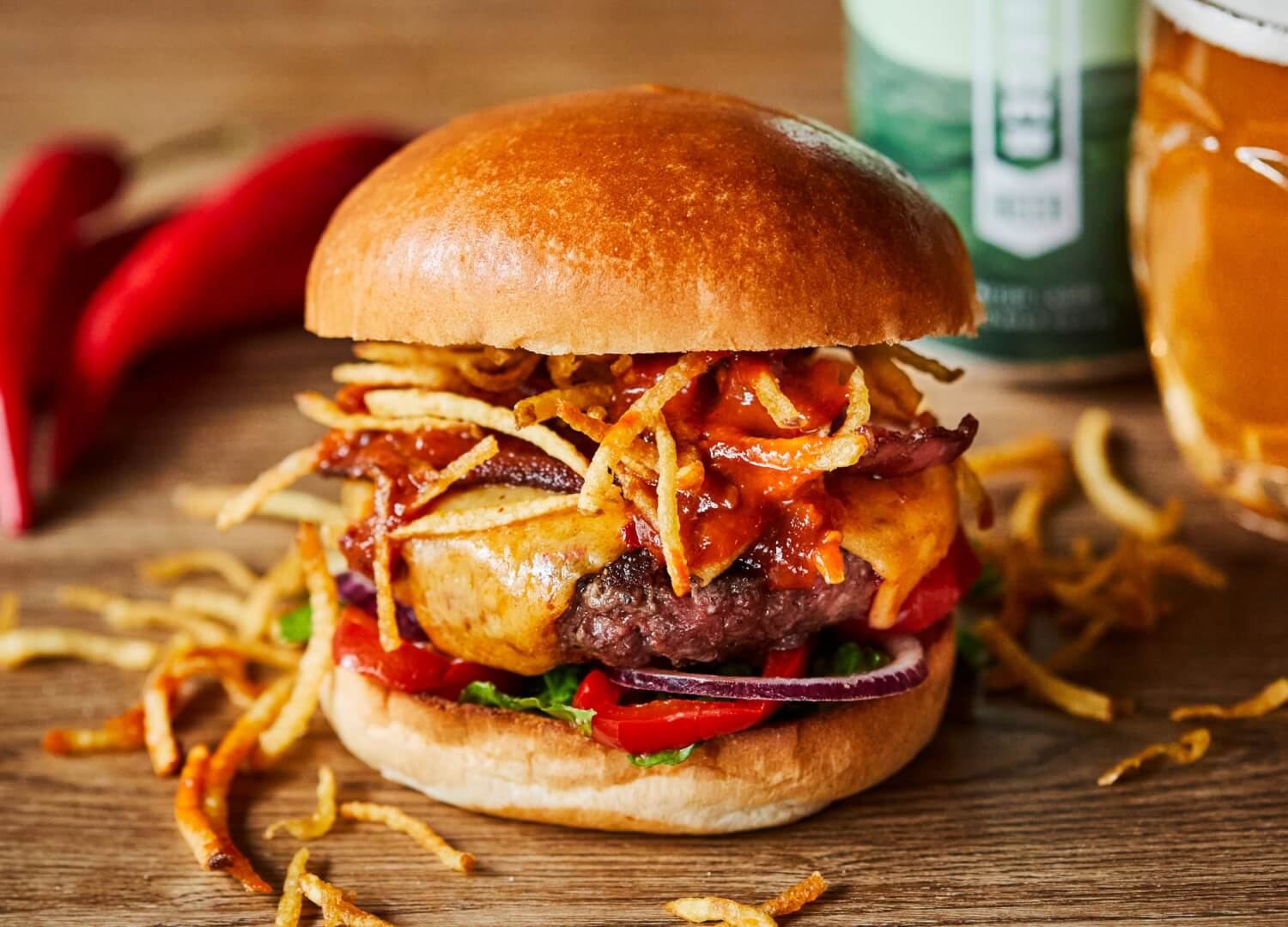 Beef burger with bacon and chilli cheese
