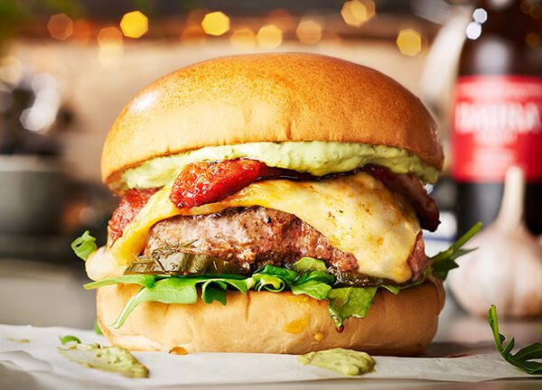 beef burger with chorizo and cheese