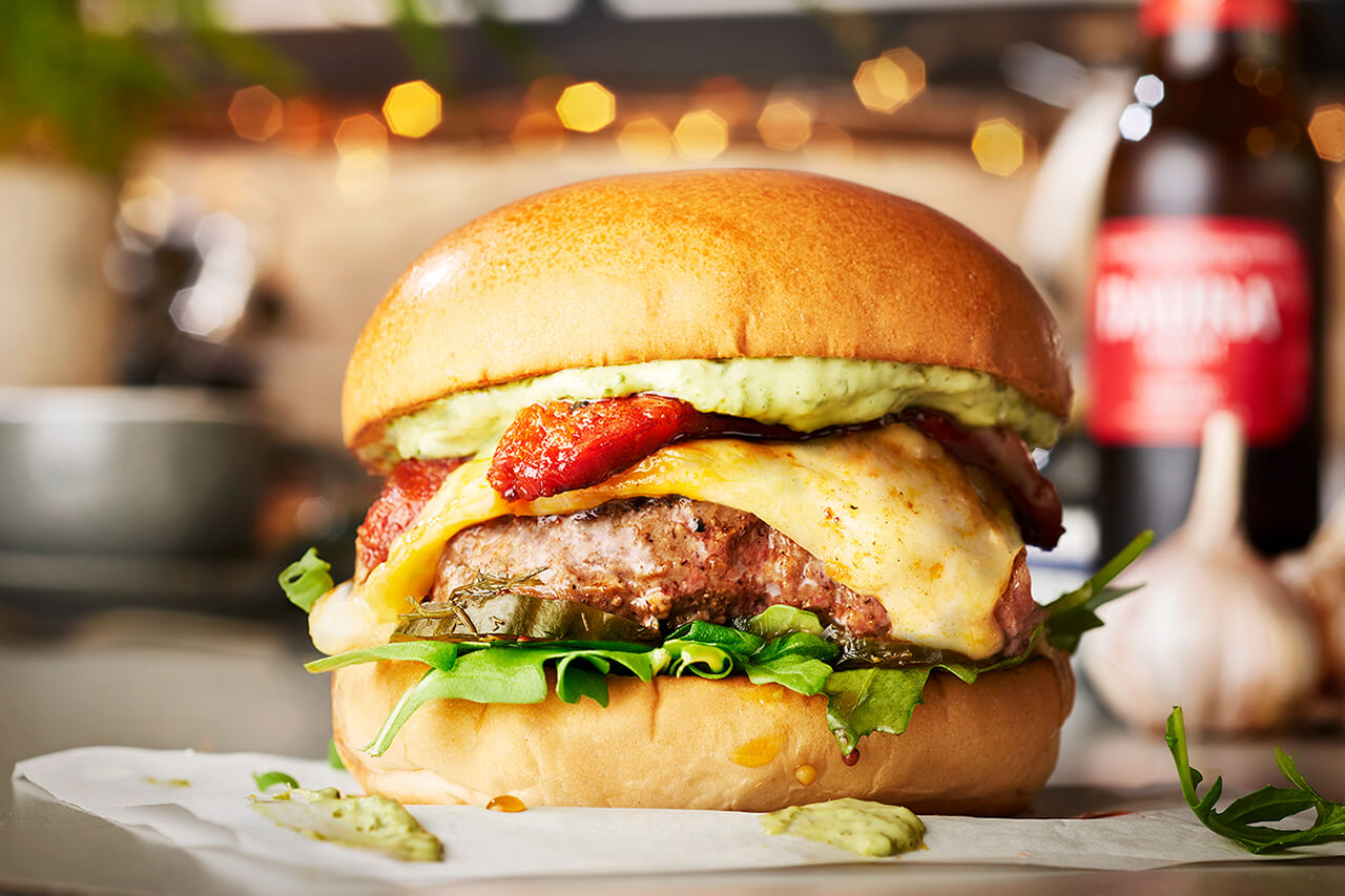 beef burger with chorizo and cheese