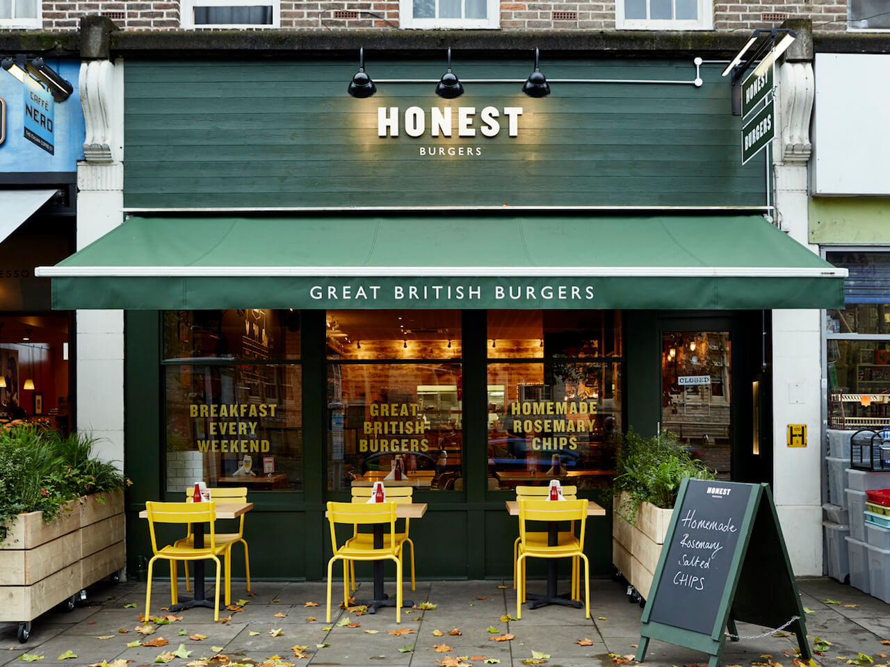 Outside the new Honest Burgers in Ealing with seating