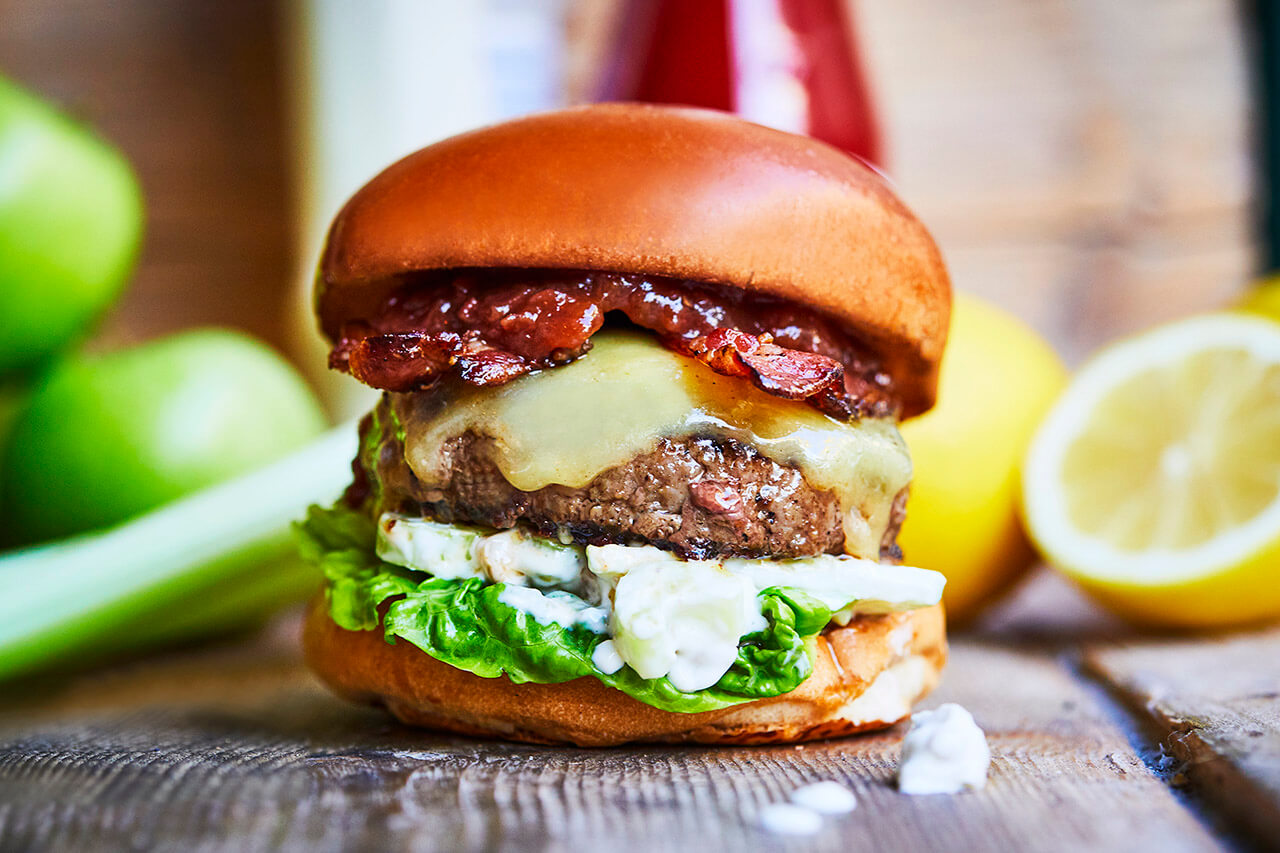beef burger with bacon, Lincolnshire Poacher cheese