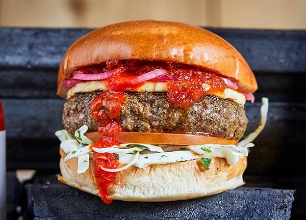 beef burger with halloumi and red pepper relish