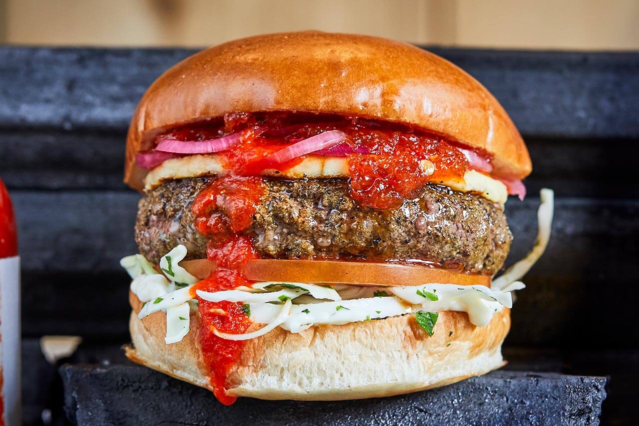 beef burger with halloumi and red pepper relish