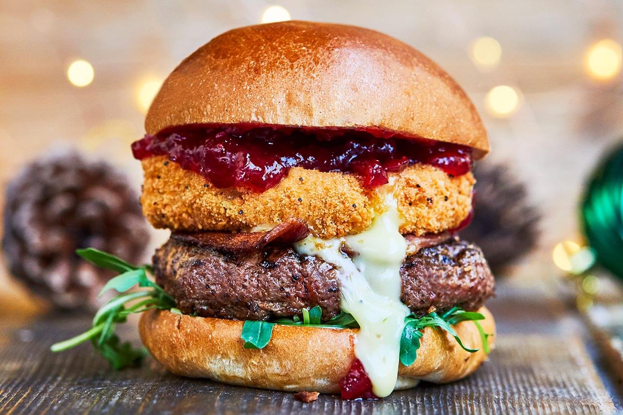 Christmas beef burger with deep fried camembert cheese and bacon page