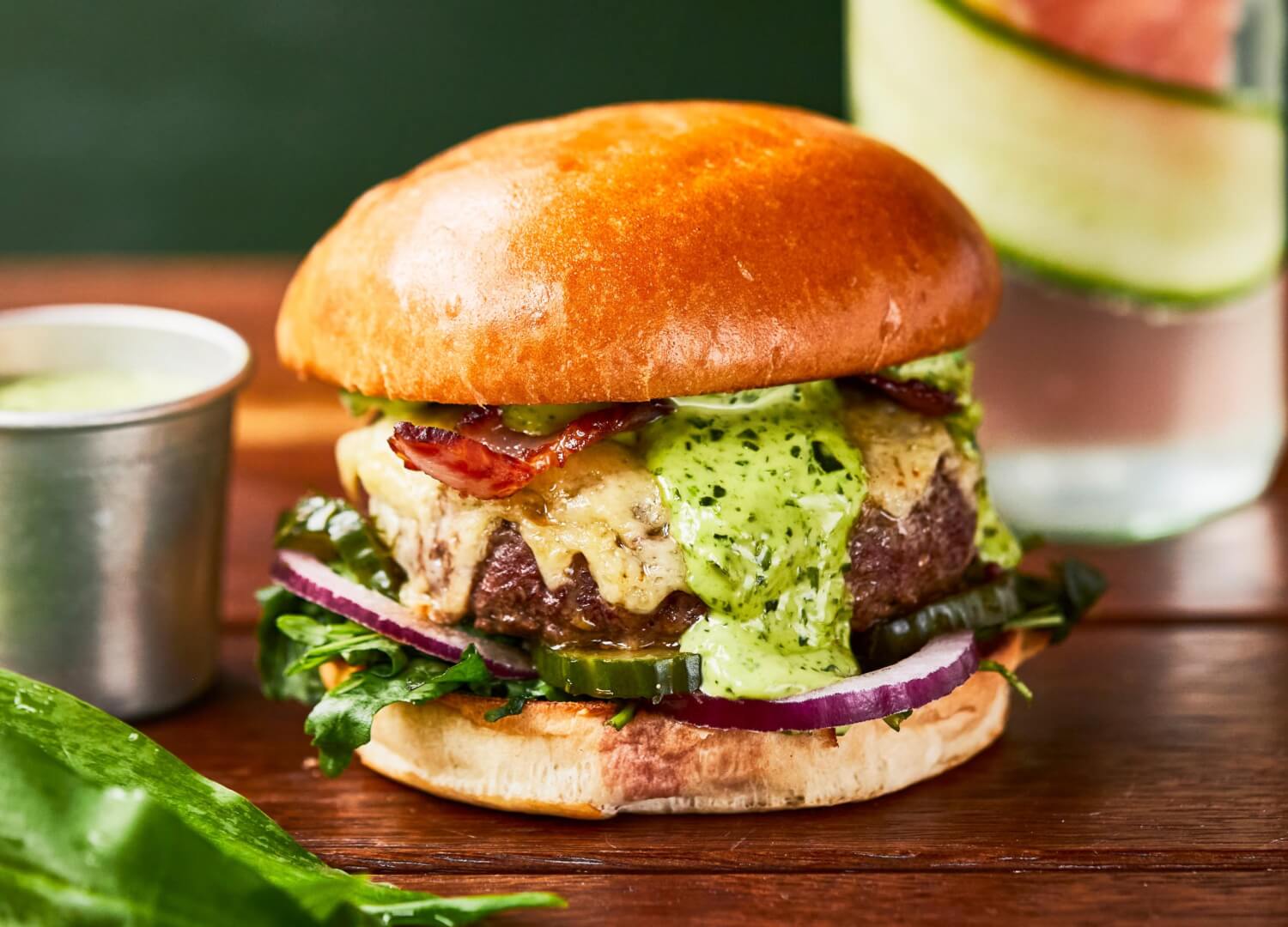 Spring Beef burger with cheddar cheese, wild garlic and bacon