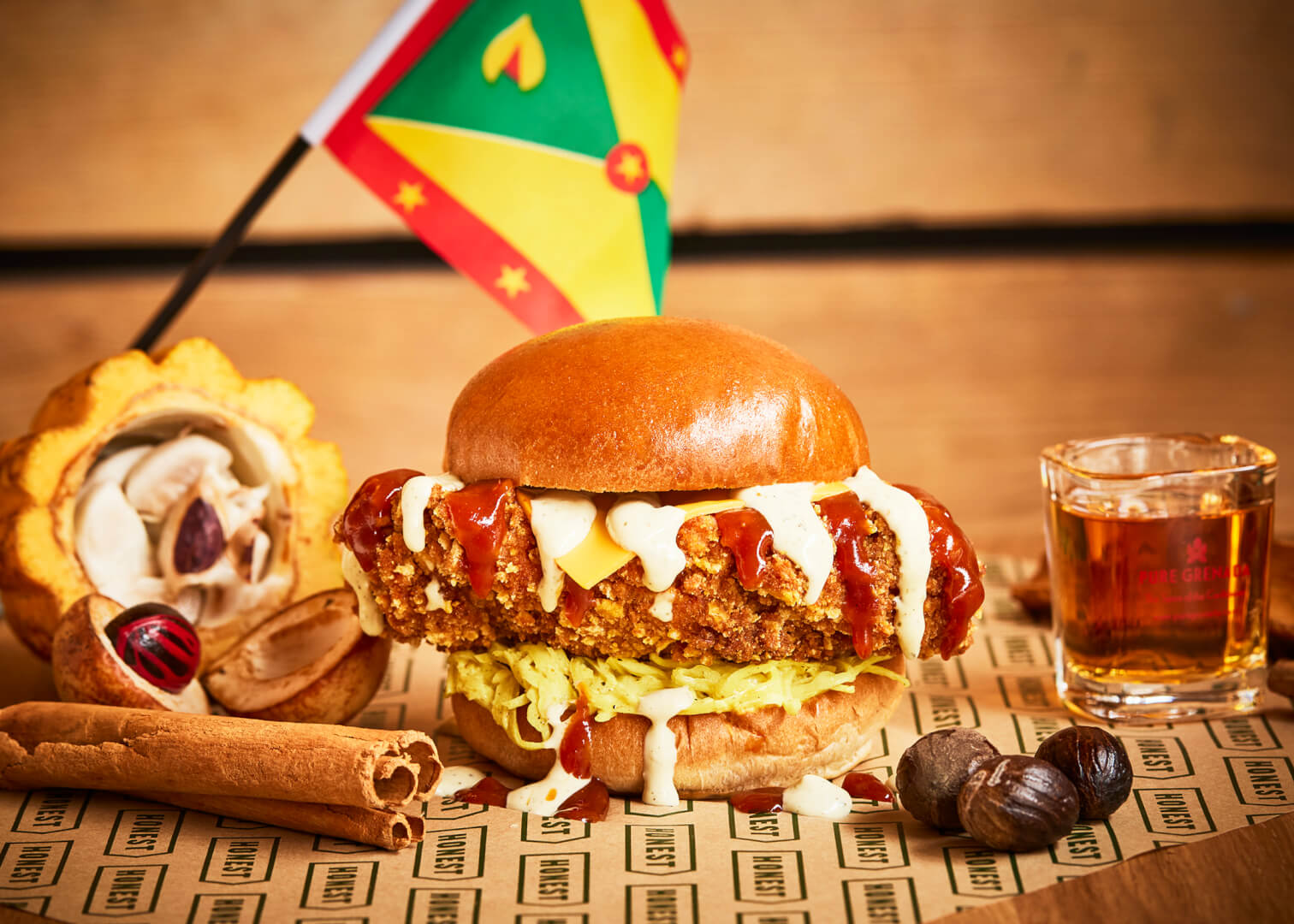 Caribbean fried chicken burger with cheese